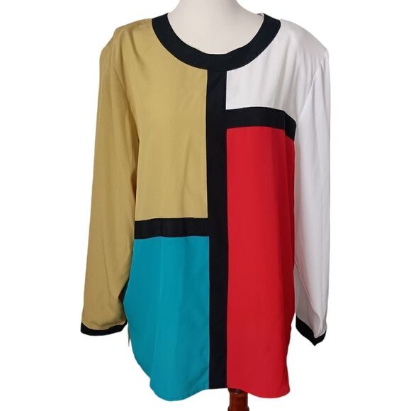 Galinda Wang Career Blouse 16W Silky Plus Size Colorblock Office Siren Corpcore - Picture 10 of 15